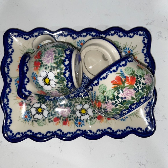 Polish Pottery KAKICH~ UNIKAT set of 3 sugar, bowl cleaner, and Trey - Picture 3 of 9